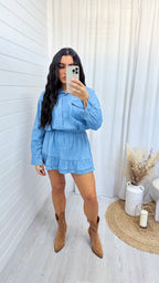 Frill Hem Denim Shirt Dress - LIGHT BLUE