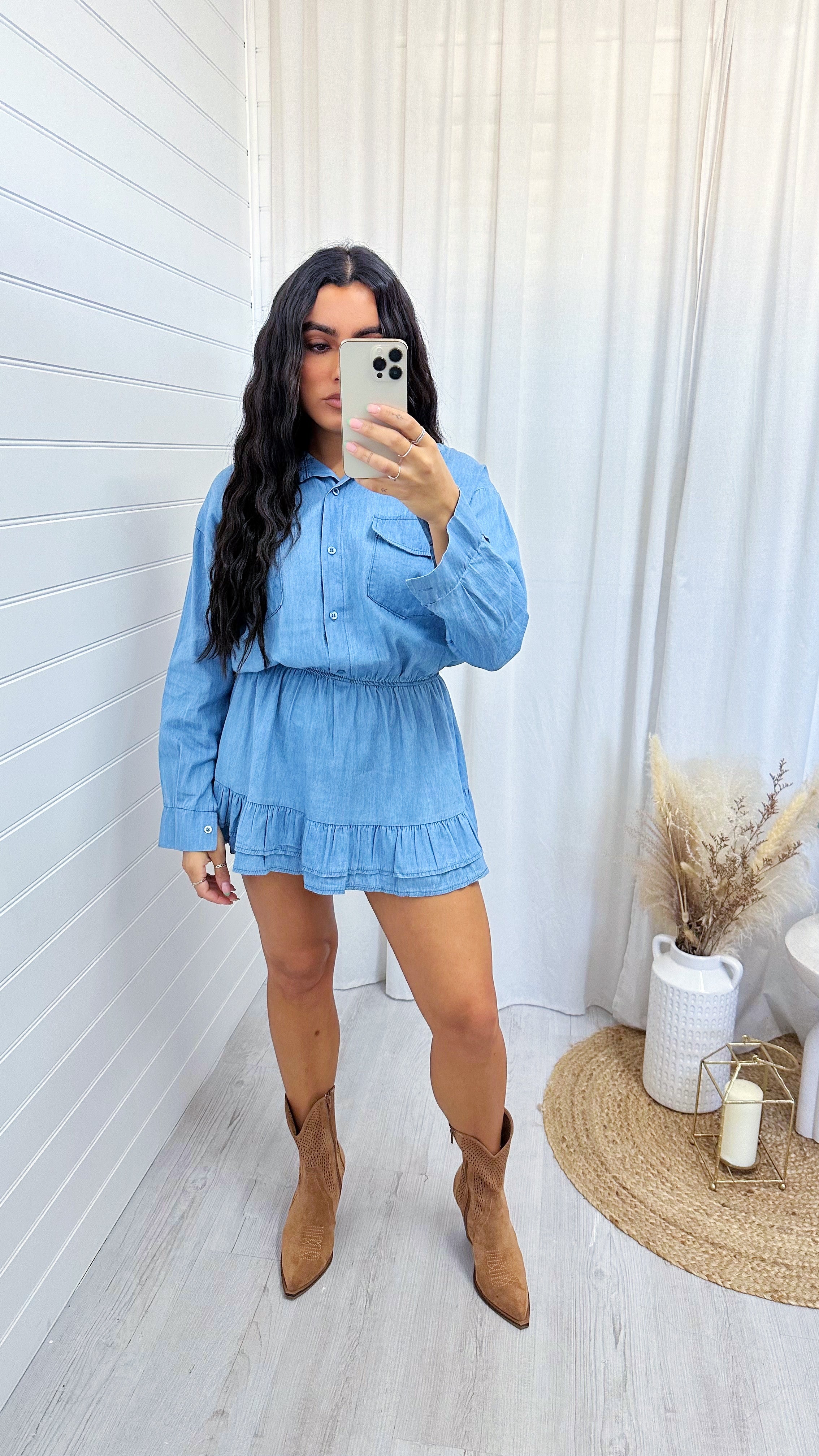 Frill Hem Denim Shirt Dress - LIGHT BLUE