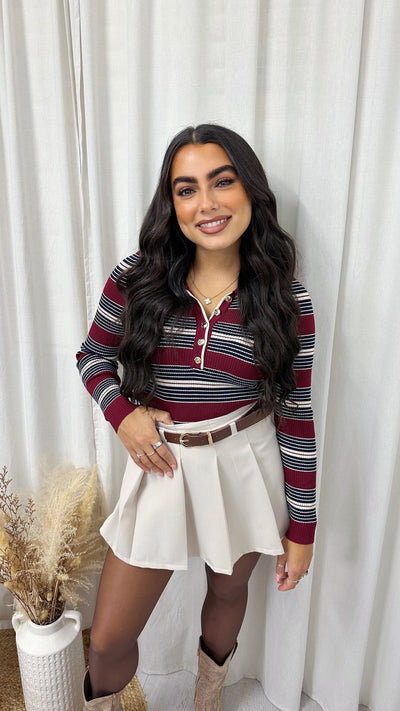 Constrast Stripe Knitted Bodysuit - WINE