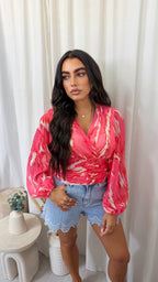 Paint Stroke Palm Print Wrap Over Crop Blouse - PINK