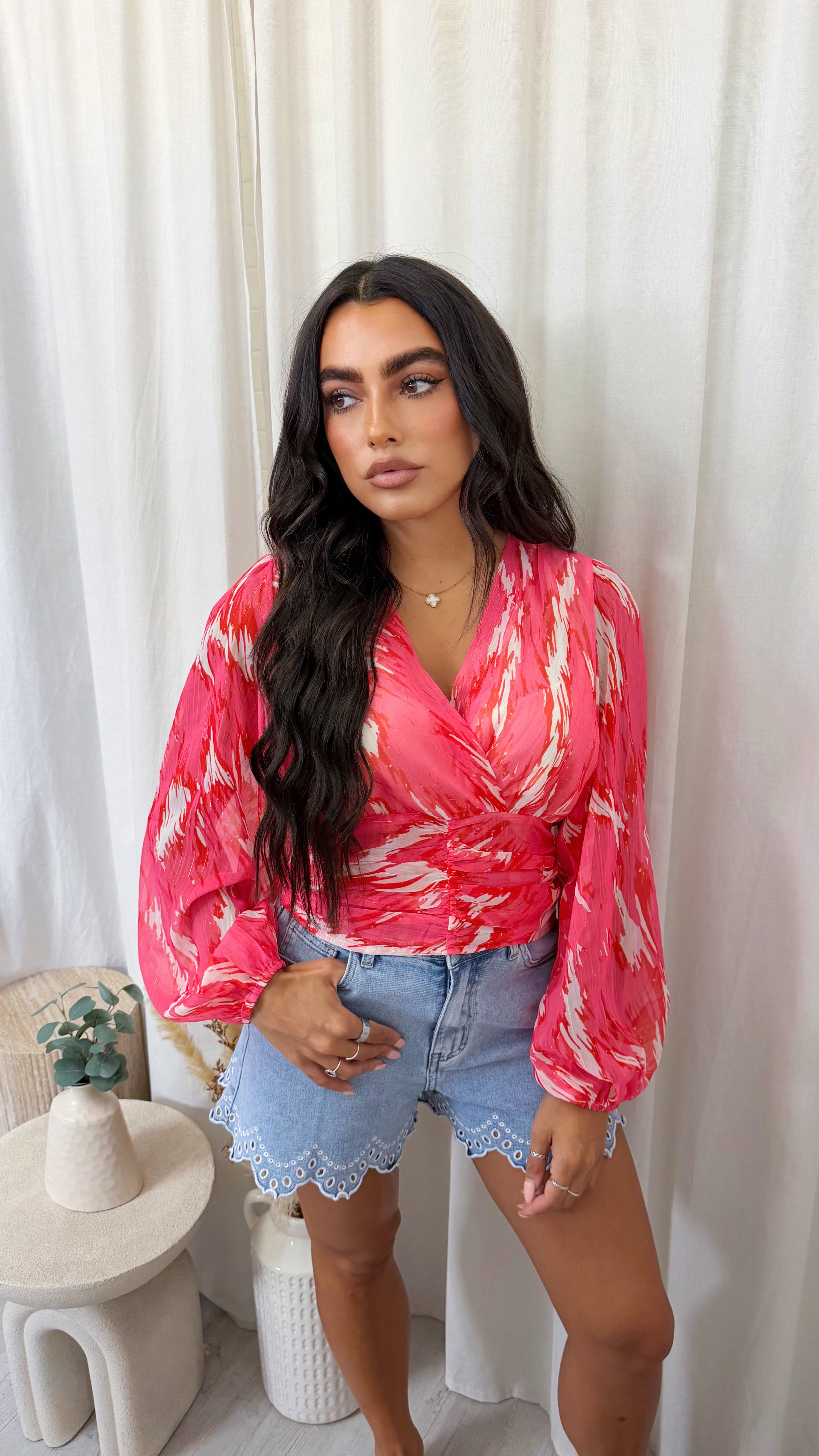 Paint Stroke Palm Print Wrap Over Crop Blouse - PINK