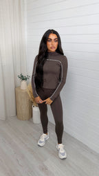 Piped Jacket and Leggings Activewear Set - BROWN