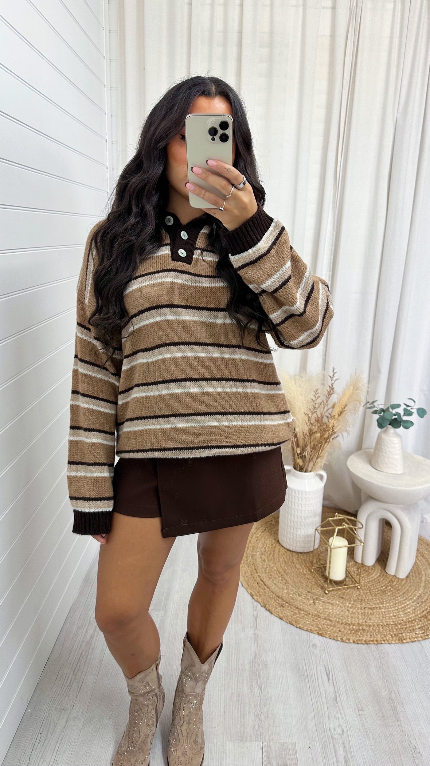 Stripey Knitted Button Up Jumper - CARAMEL