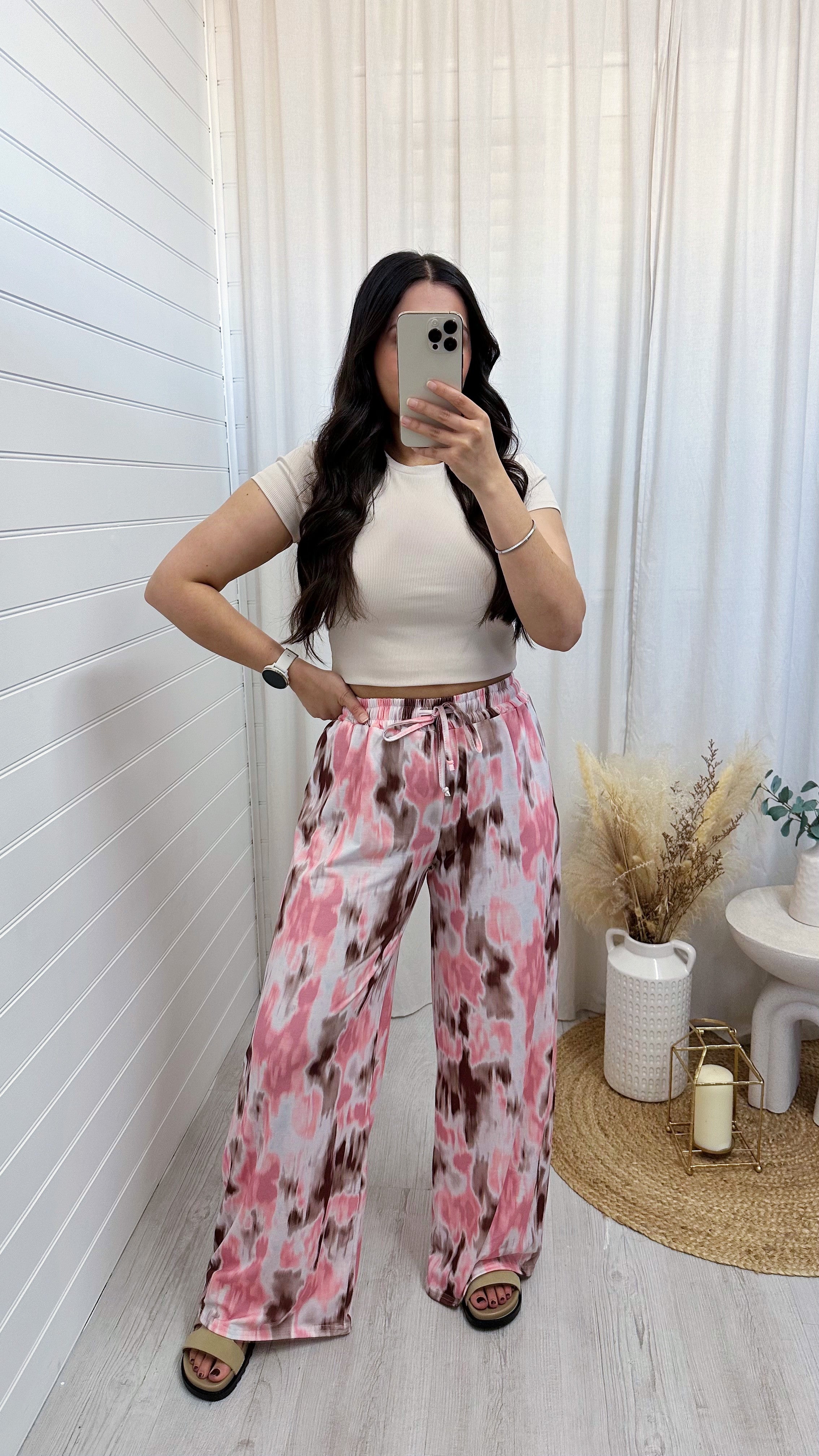 Stretchy Wide Leg Pink  Water Colour Print Trousers