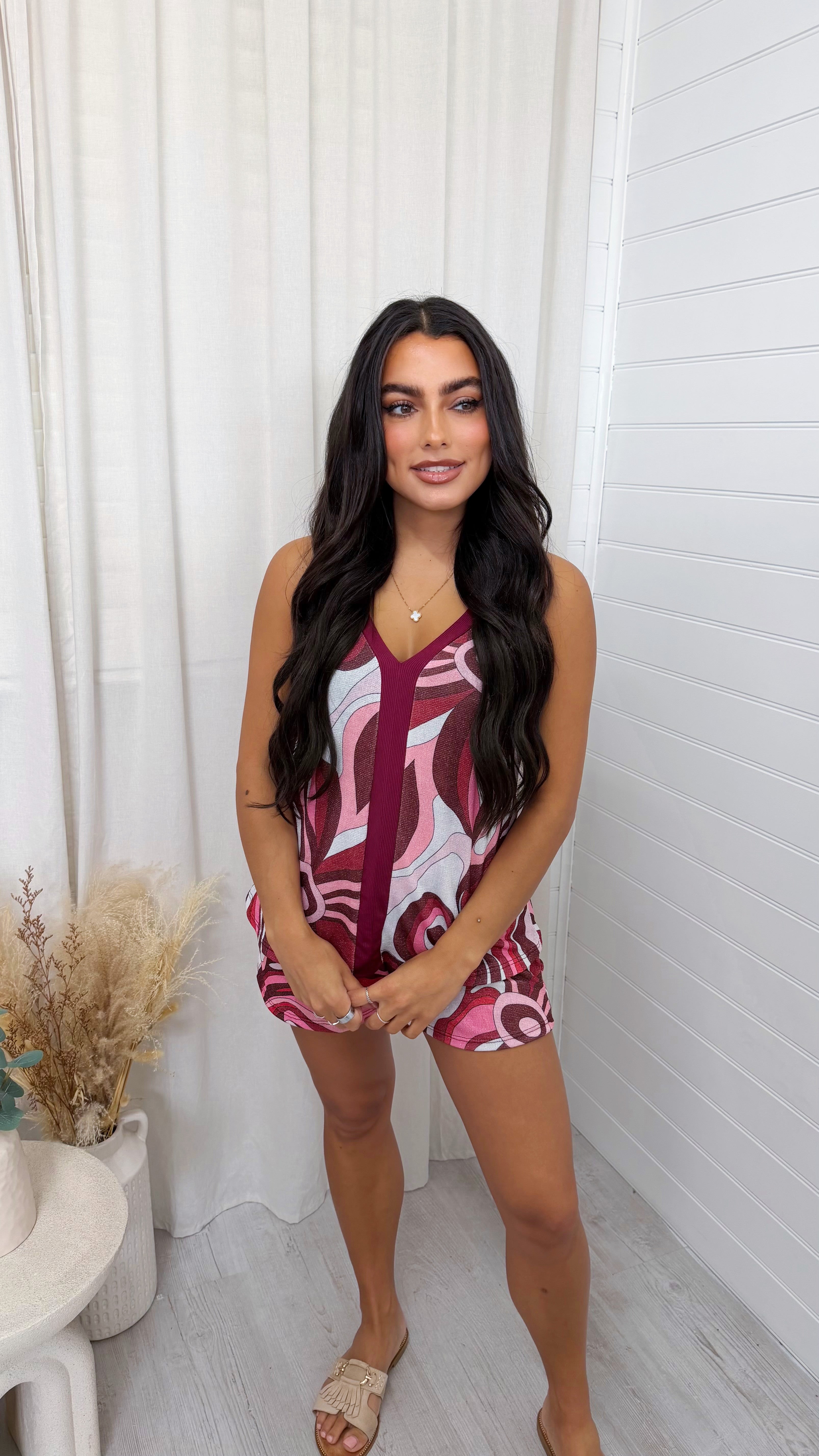 Swirly Shimmer Vest Top and Shorts Co-Ord - BURGUNDY