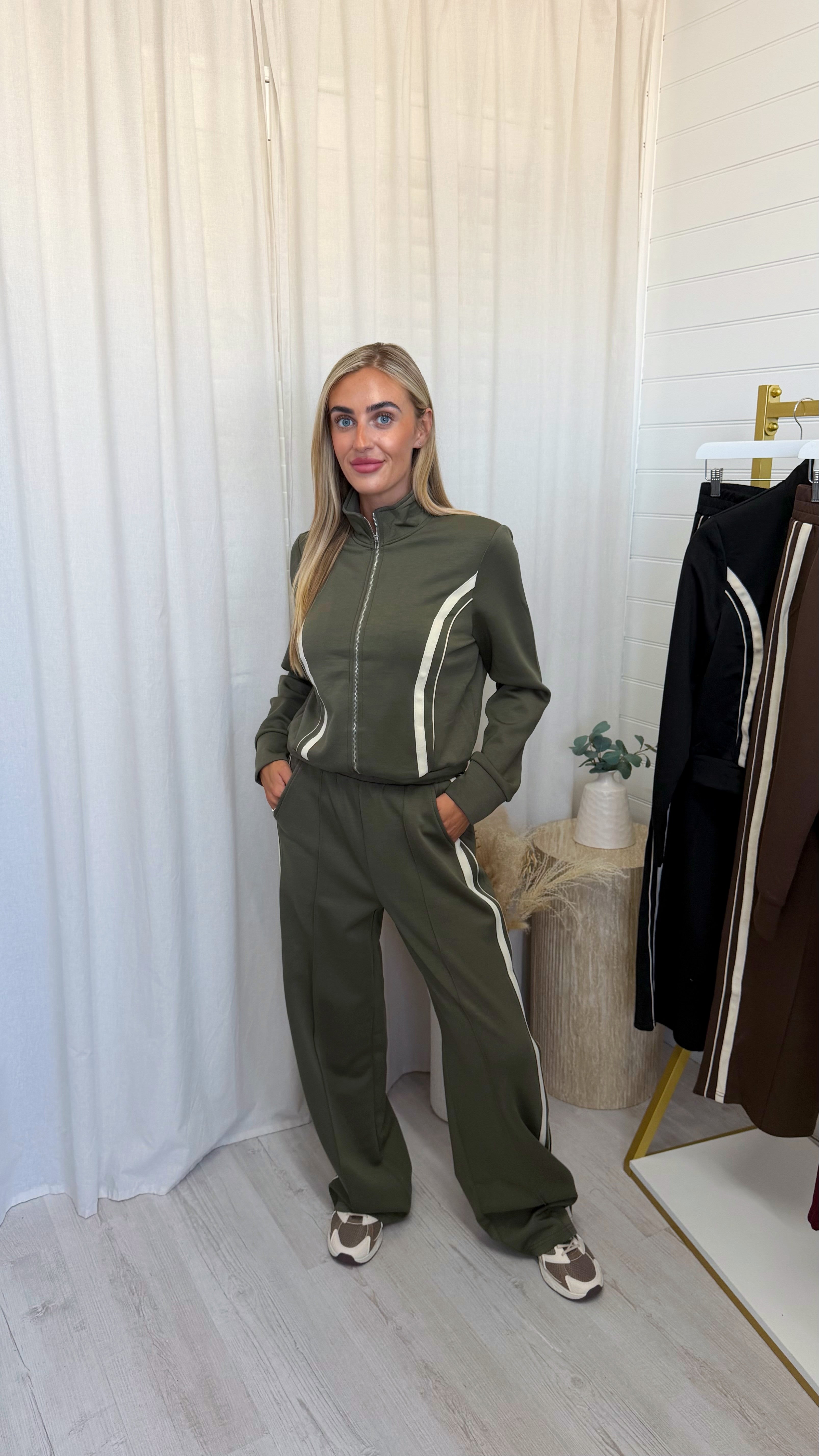 Contrast Stripe Jacket and Joggers Tracksuit - KHAKI