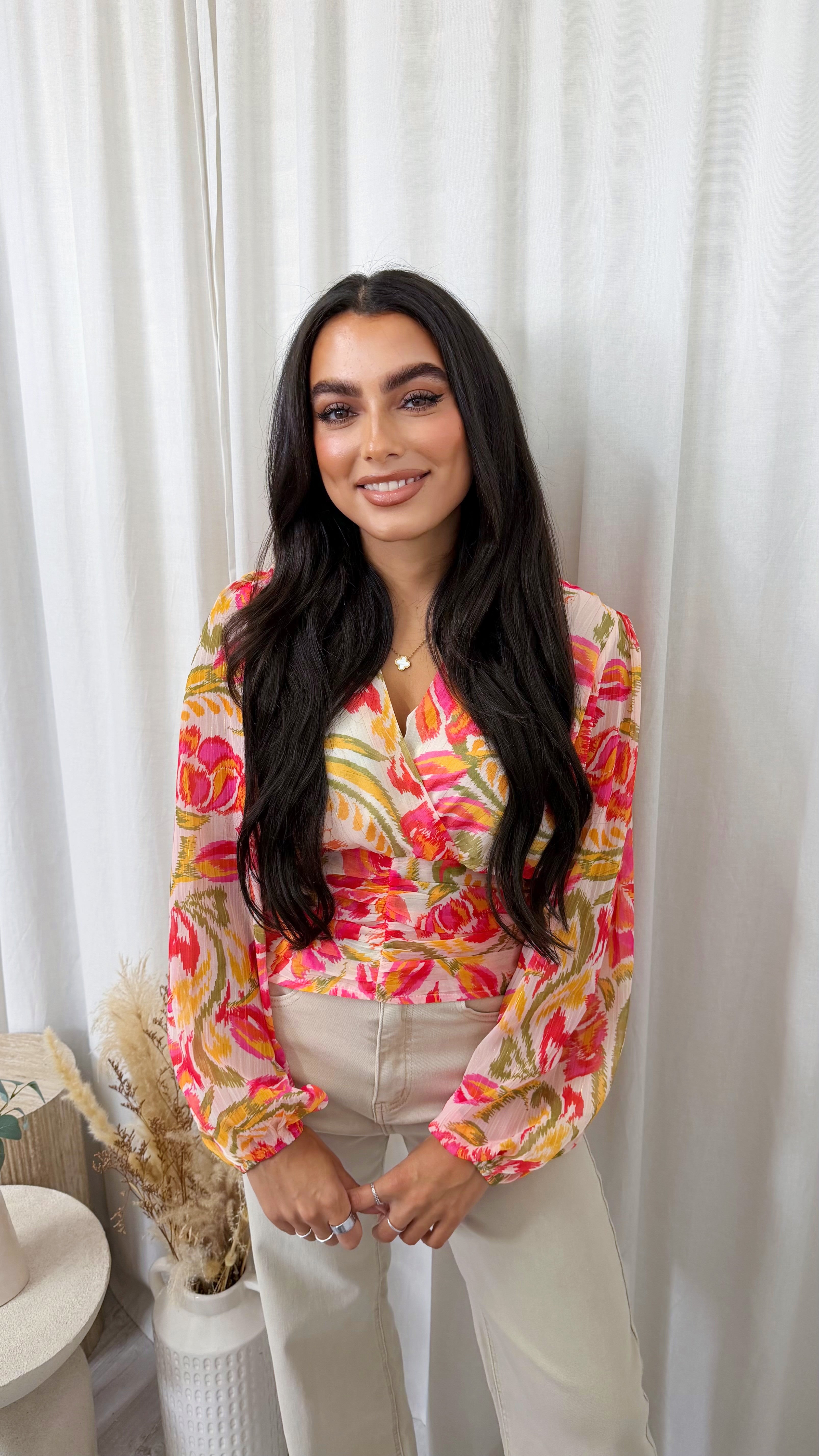 Floral Abstract Wrap Over Crop Blouse - PINK/YELLOW