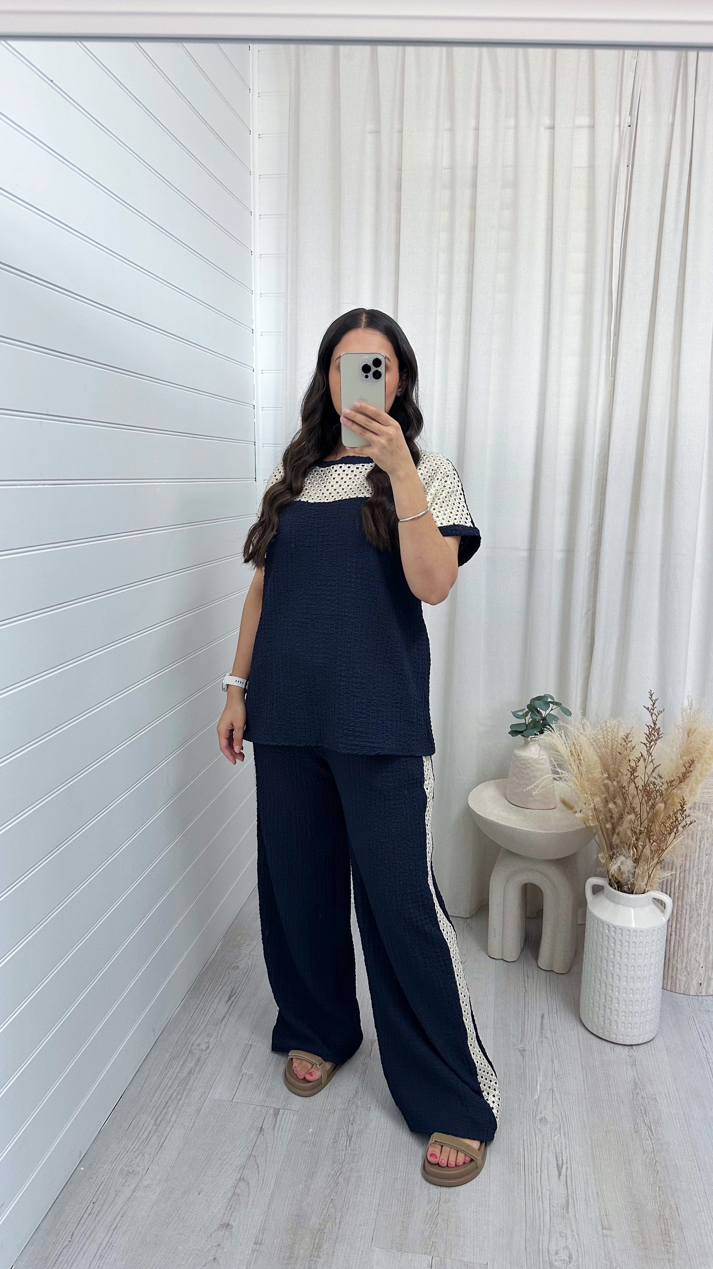 Metallic Mesh T-Shirt and Trouser Co-Ord - NAVY
