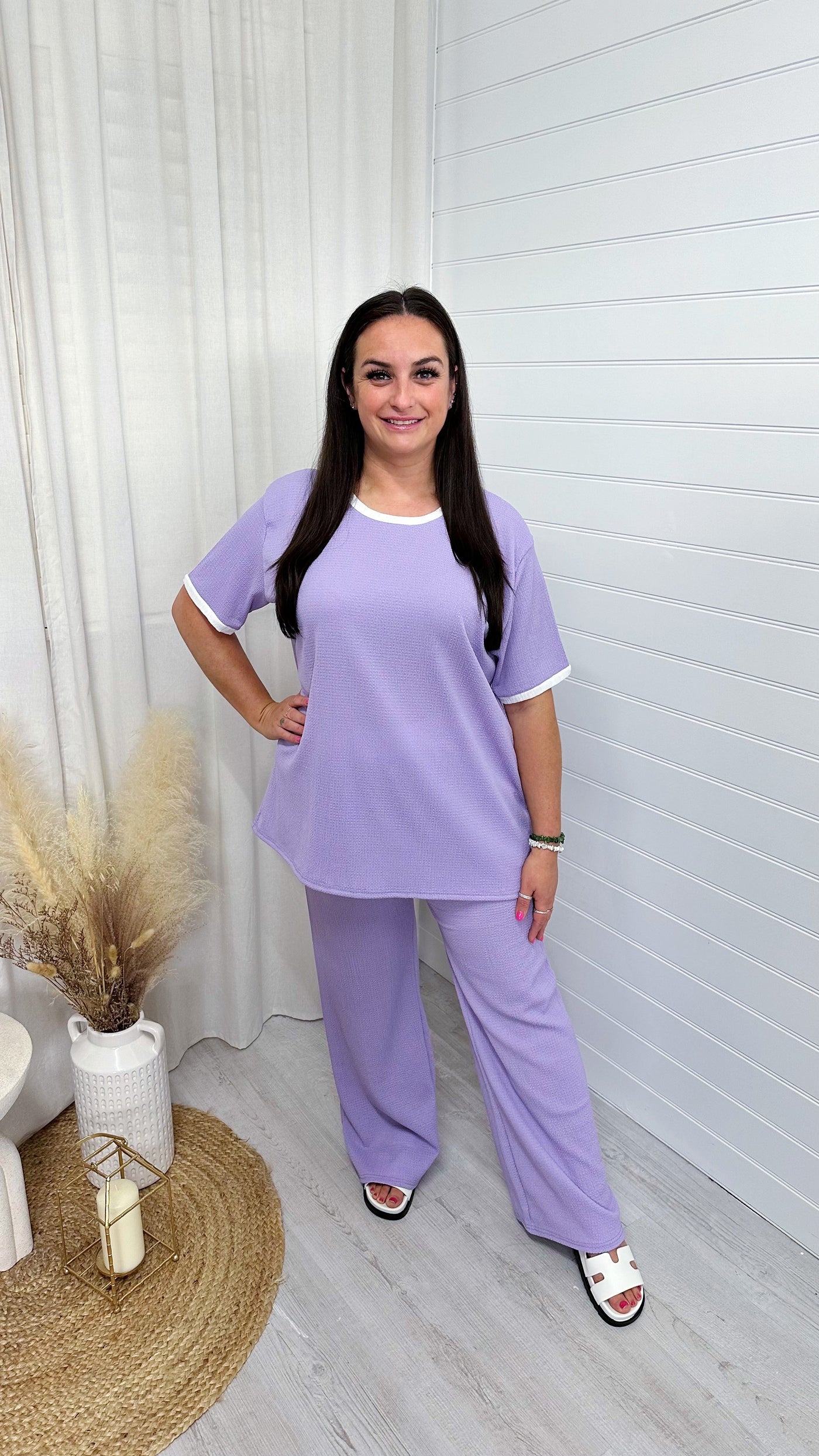 PLUS White Trim T-Shirt and Trousers Co-Ord - LILAC