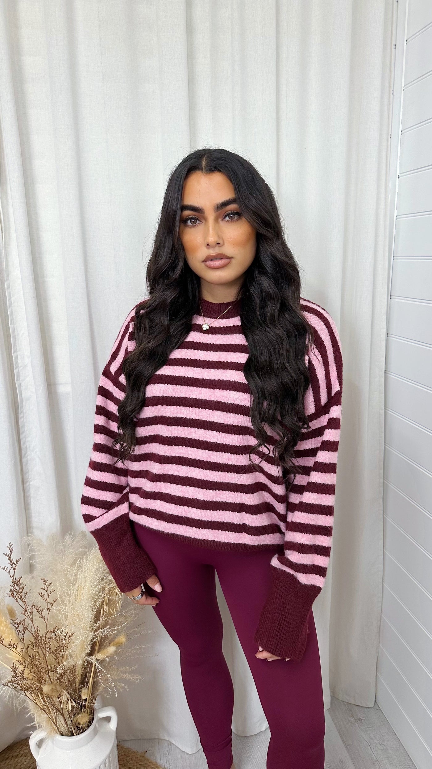 Soft Woollen Stripey Jumper - PINK/BURGUNDY