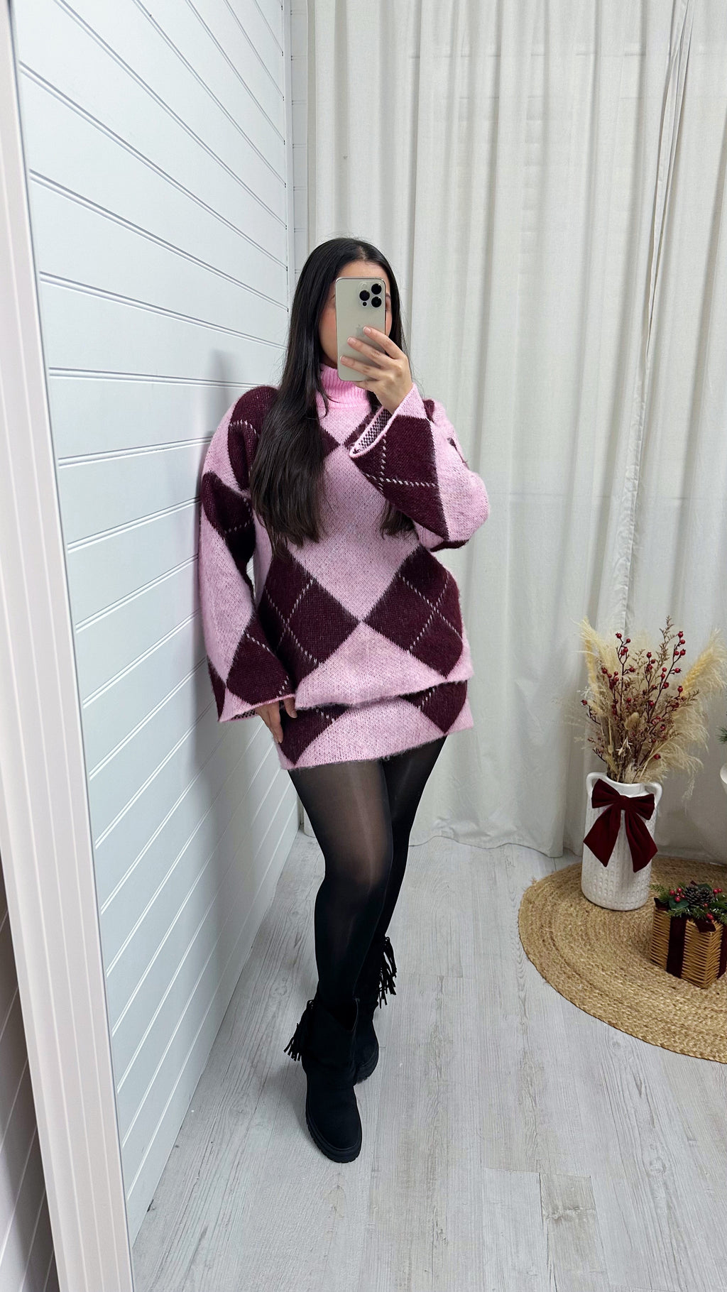 Argyle Woollen Jumper and Skirt Co-Ord - PINK/BURGUNDY