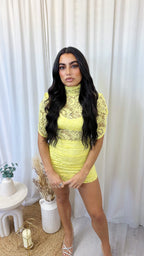 Lace Ruched Shoulder Padded Mini Dress - LEMON