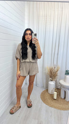 Laser Cut Mesh Balloon Top and Shorts Co-Ord - TAUPE