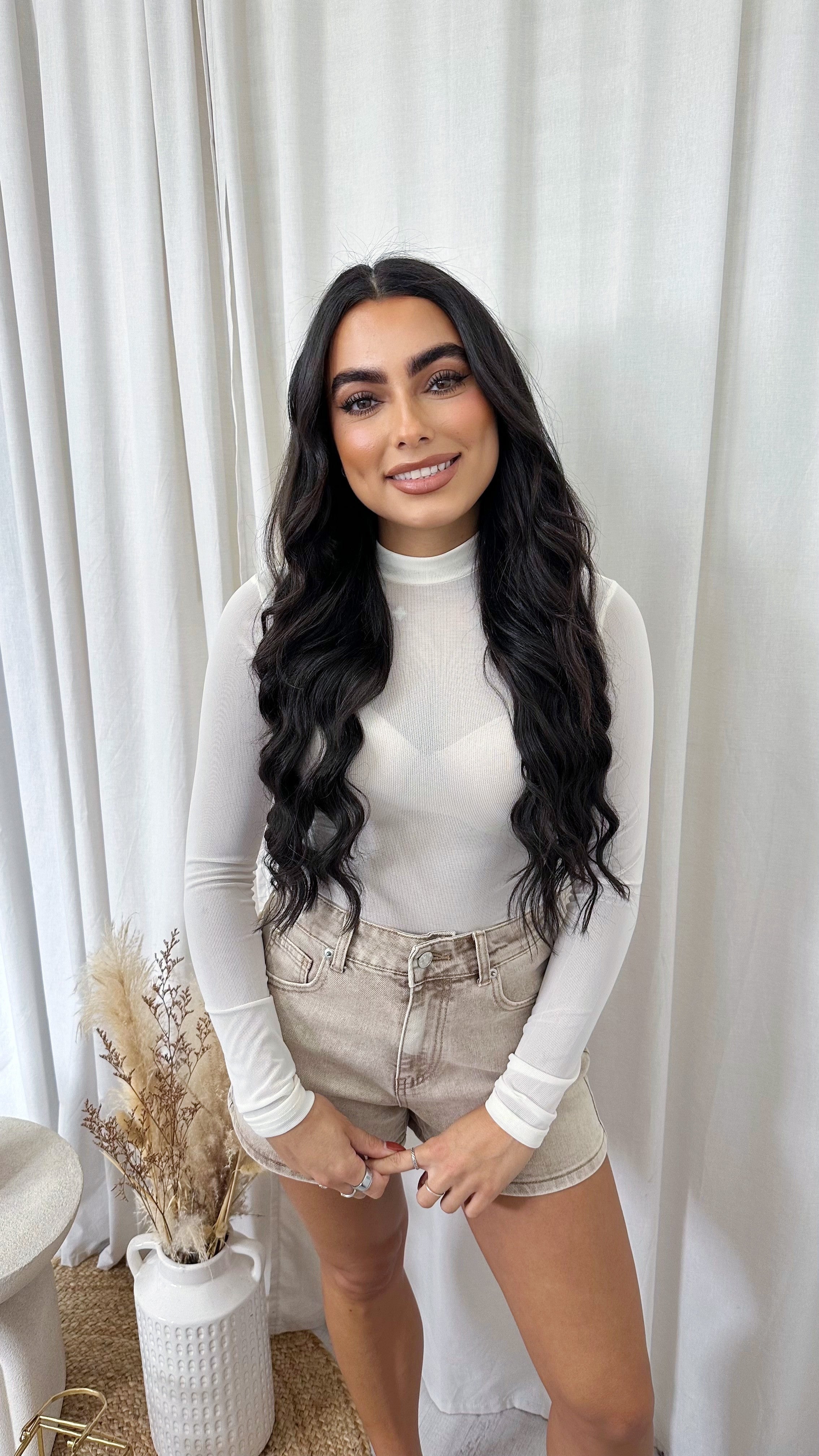 Plain Mesh Long Sleeve Bodysuit - CREAM