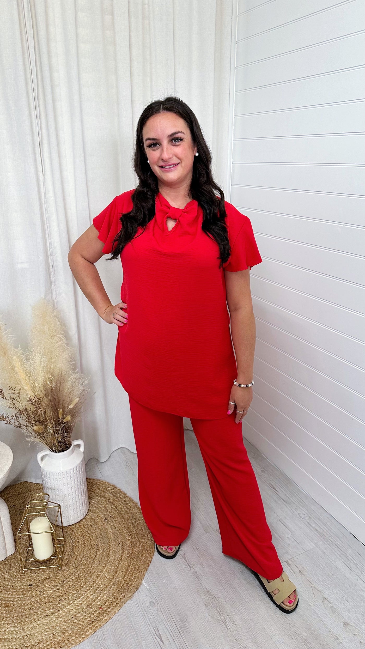 PLUS Short Sleeve Bow Top and Trouser Co-Ord - RED