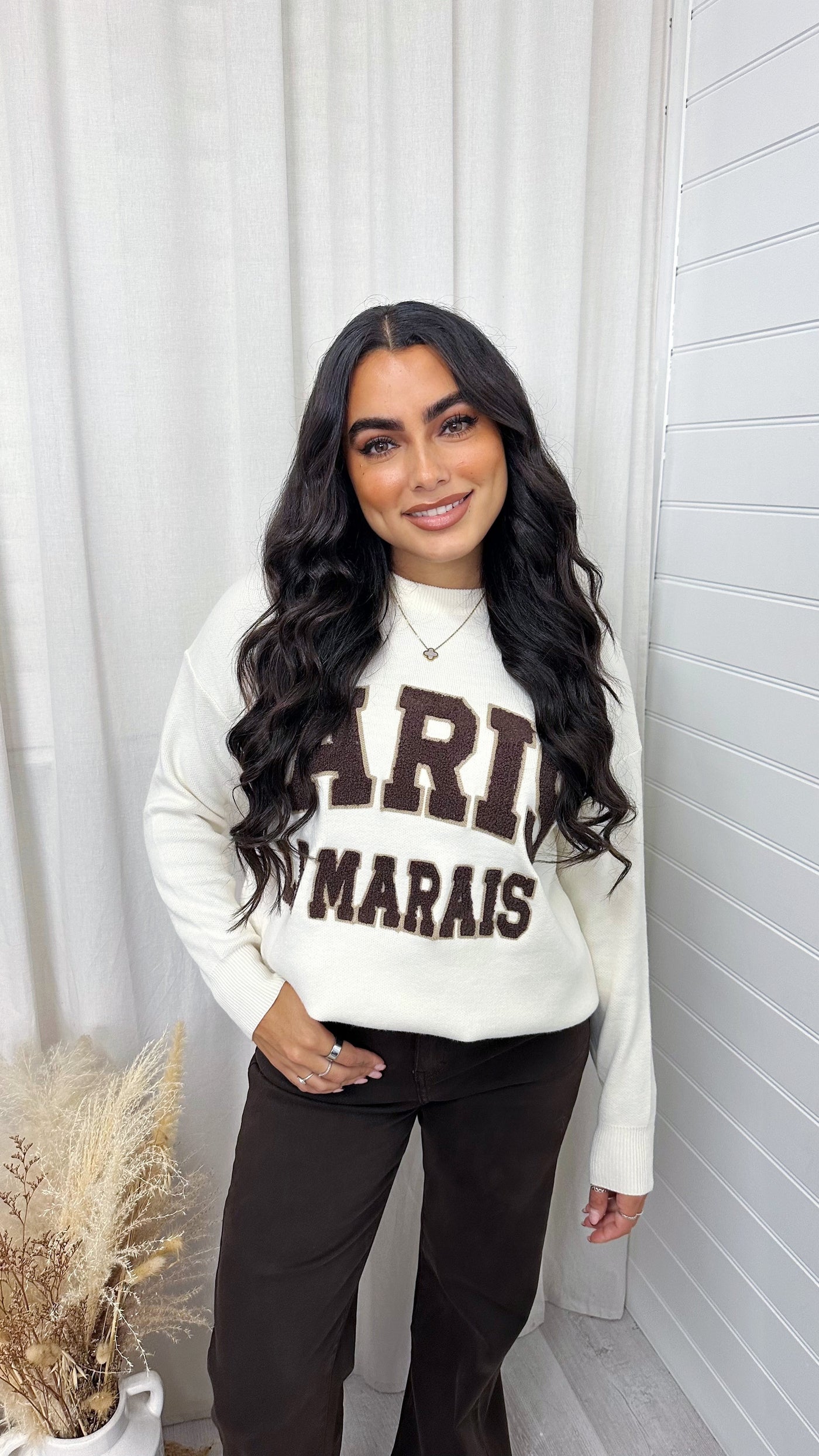 PARIS Graphic Slogan Knitted Jumper - BEIGE