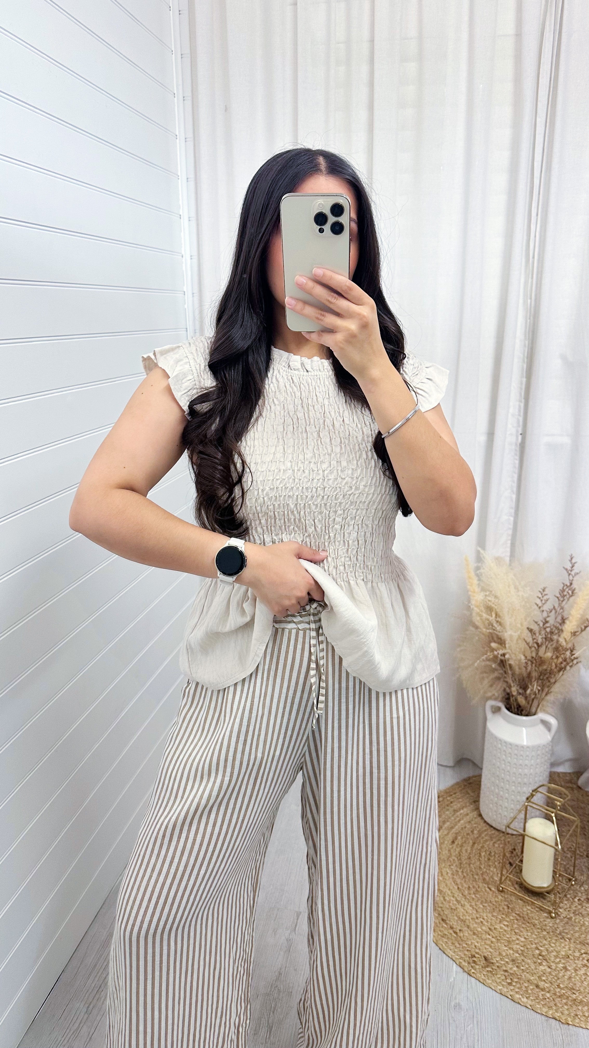 Pinstripe Linen Wide Leg Trousers - BEIGE