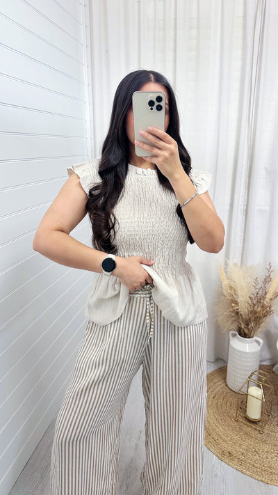Pinstripe Linen Wide Leg Trousers - BEIGE