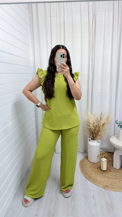 Cheesecloth Frill Shoulder Top and Trousers Co-Ord - LIME