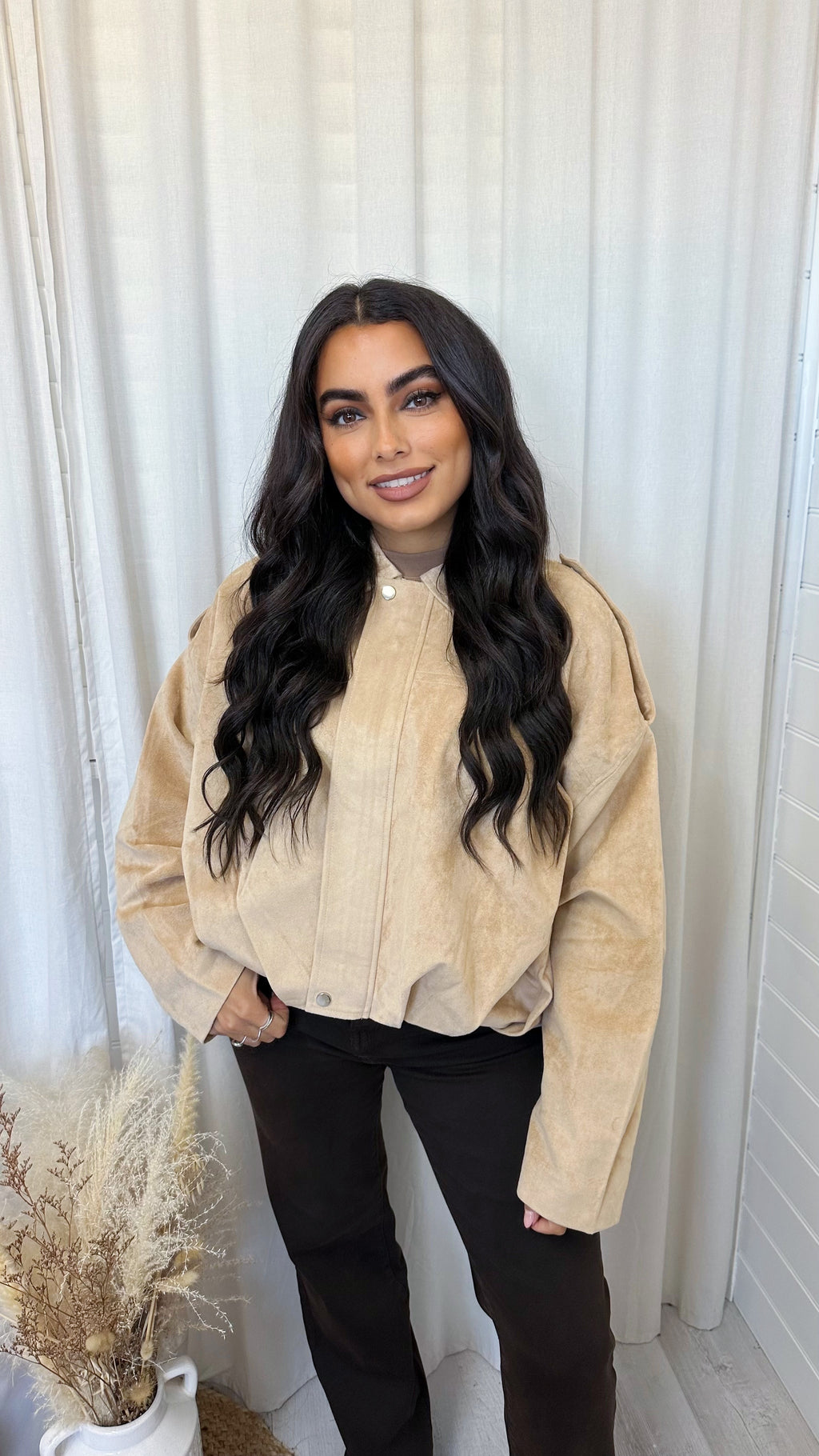 Suede Baggy Sleeve Lapel Bomber Jacket - BEIGE