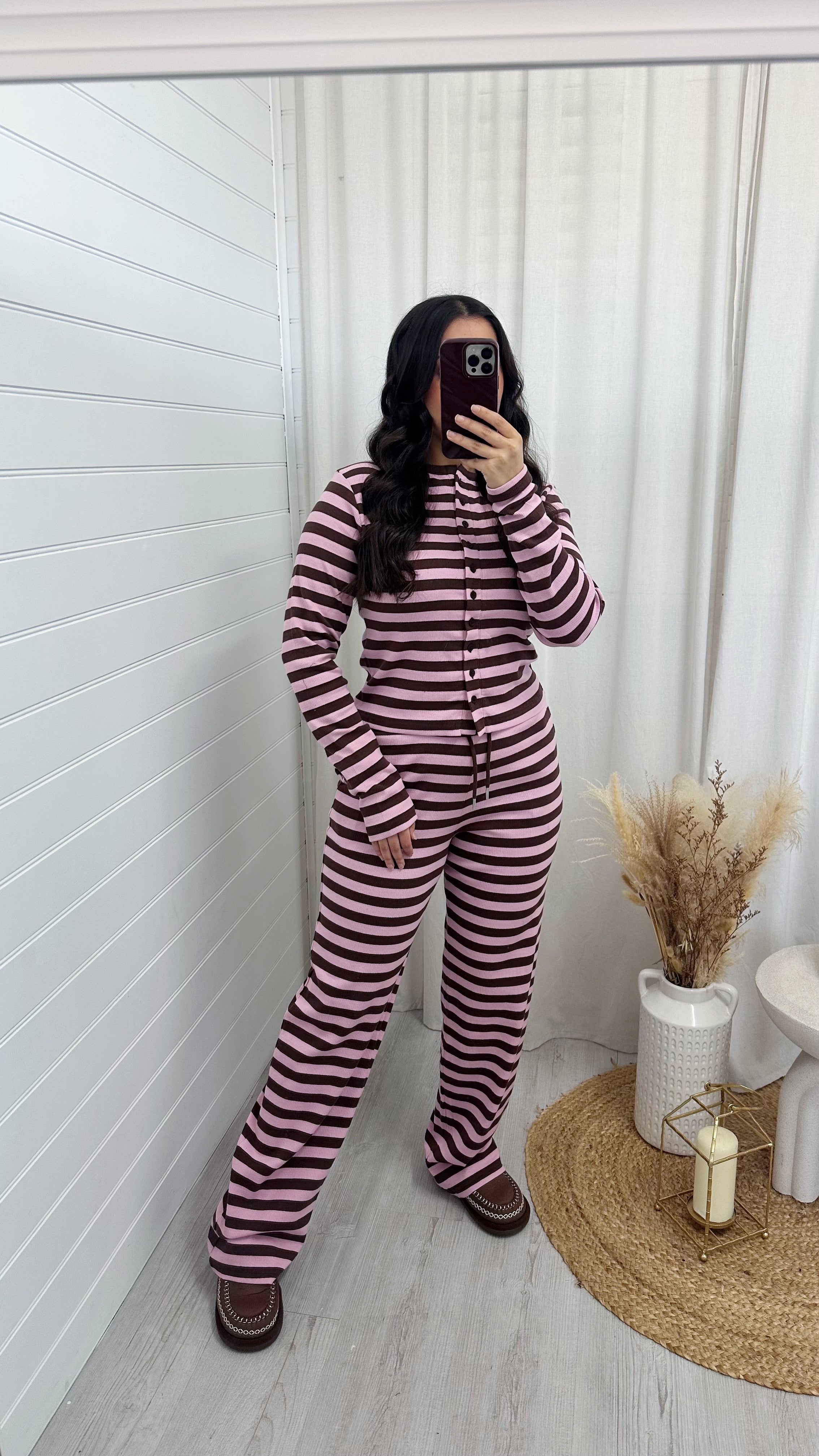 Stripe Knit Cardigan and Straight Leg Joggers Co-Ord - PINK/BROWN