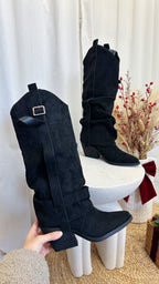 Fold Over Silver Buckle Knee High Cowboy Boots - BLACK