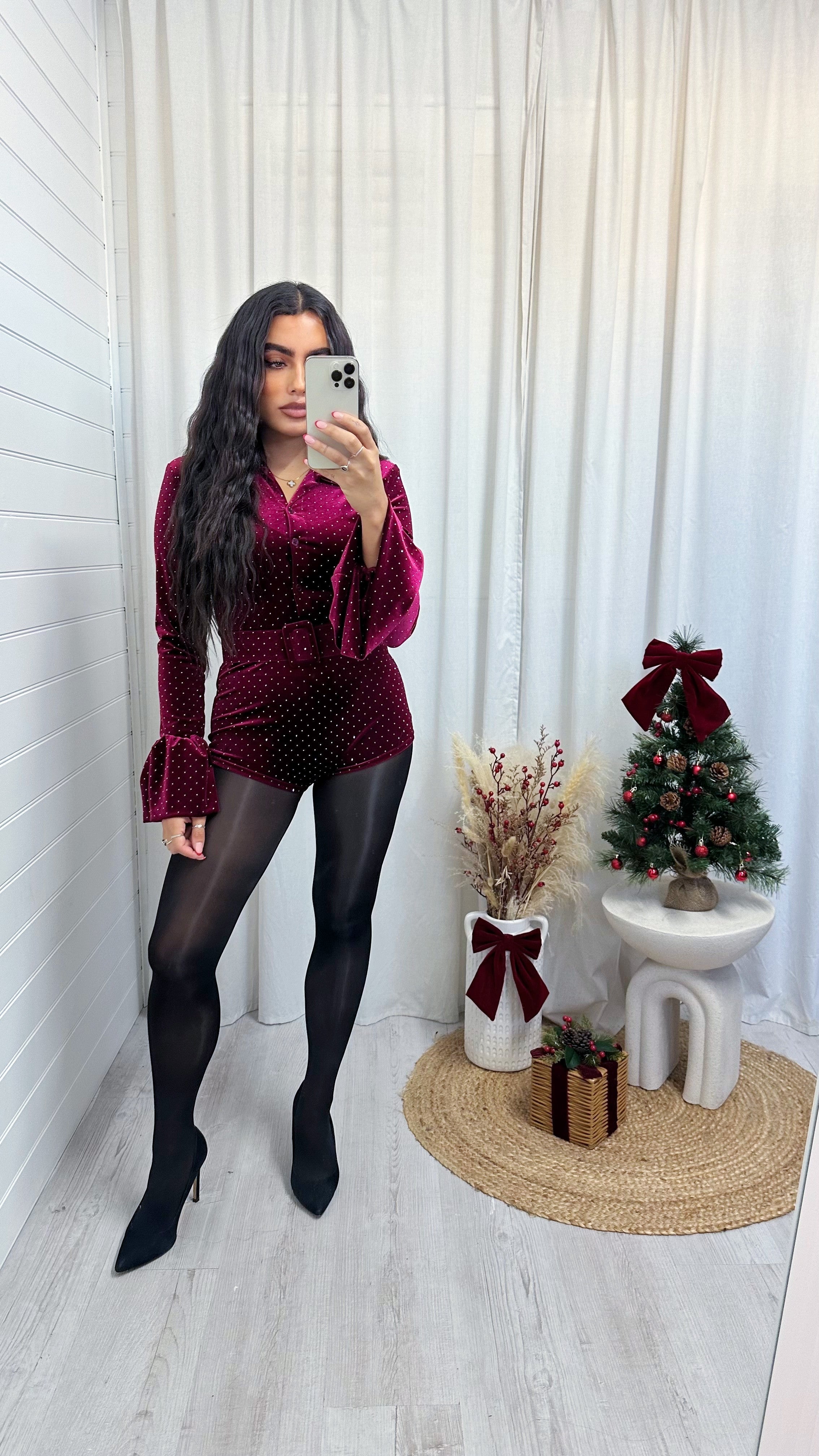 Velvet Rhinestone Belted Playsuit - WINE