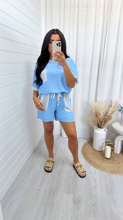 Crochet Pocket T-Shirt and Shorts Co-Ord - BLUE