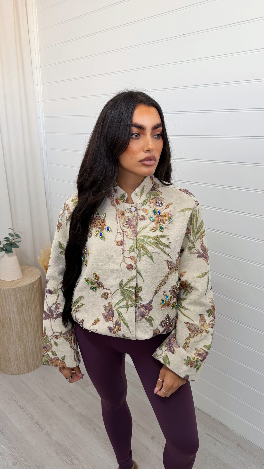 Floral Embellished Gem Stone Jacket - IVORY