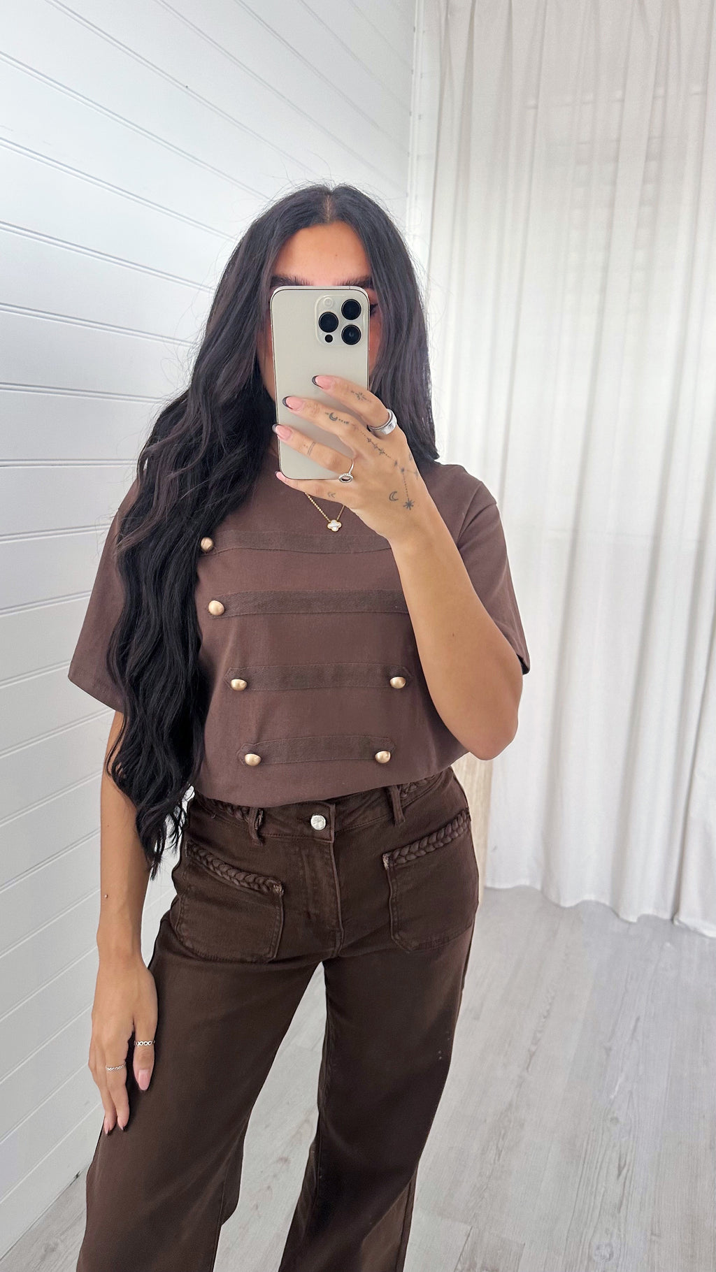 Button Front T-Shirt - BROWN