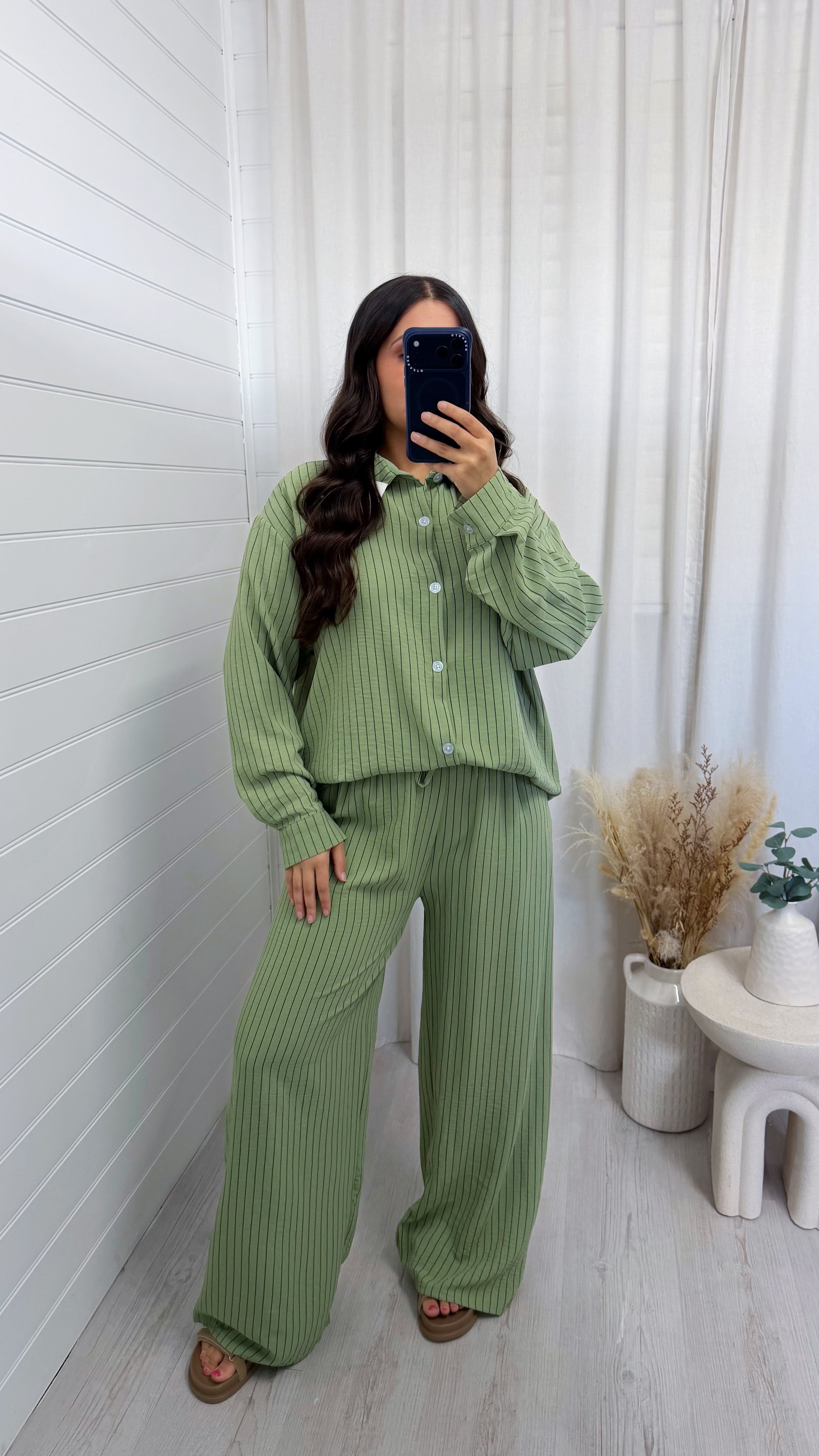 Oversized Pinstripe Shirt and Trousers Co-Ord - SAGE