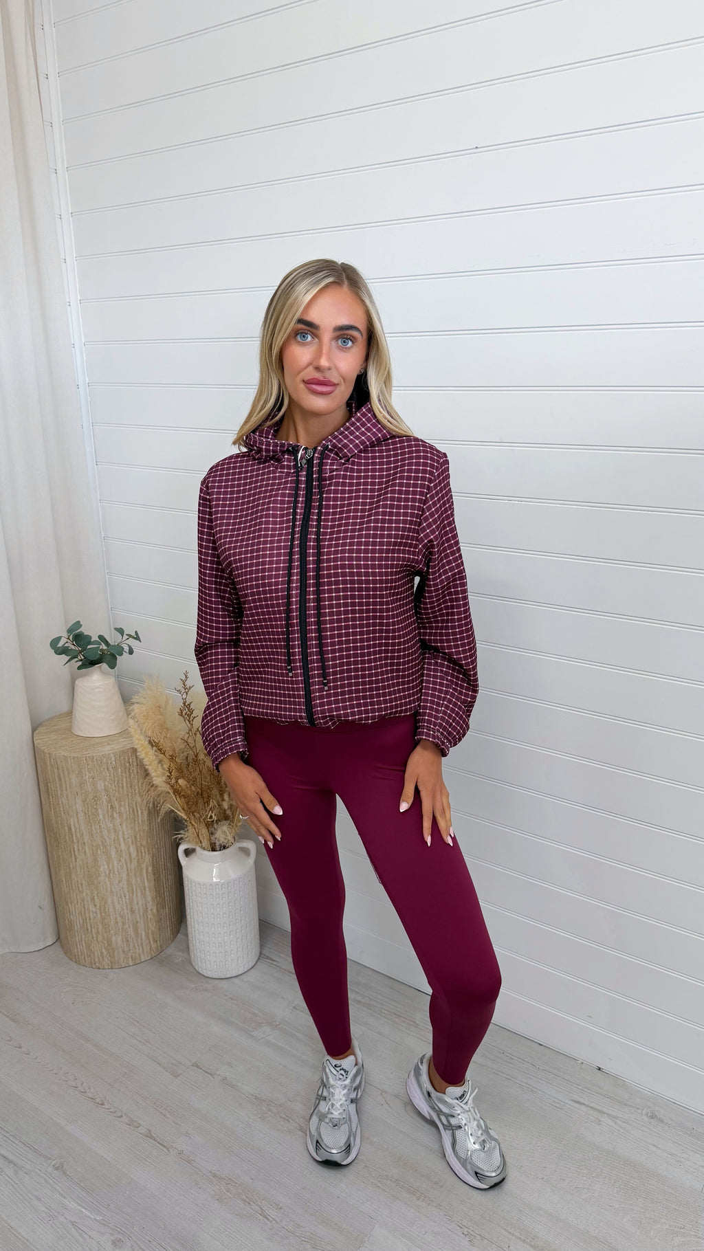 Hooded Check Bomber Jacket - WINE