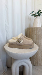 Suede Buckle Strap Platform Slip On Mule - BEIGE