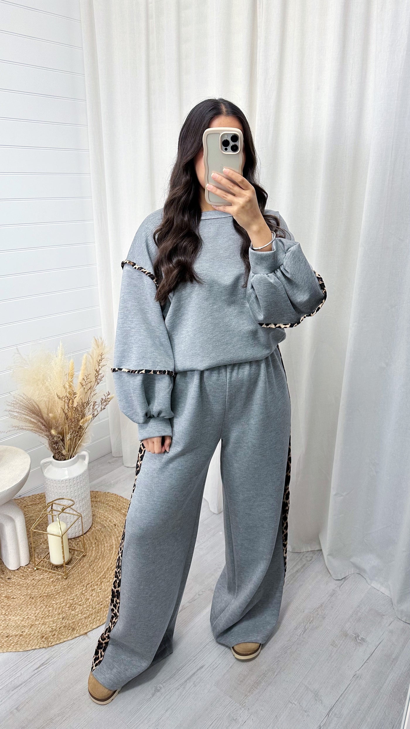 Balloon Sleeve Leopard Trim Sweatshirt and Wide Joggers Co-Ord - GREY