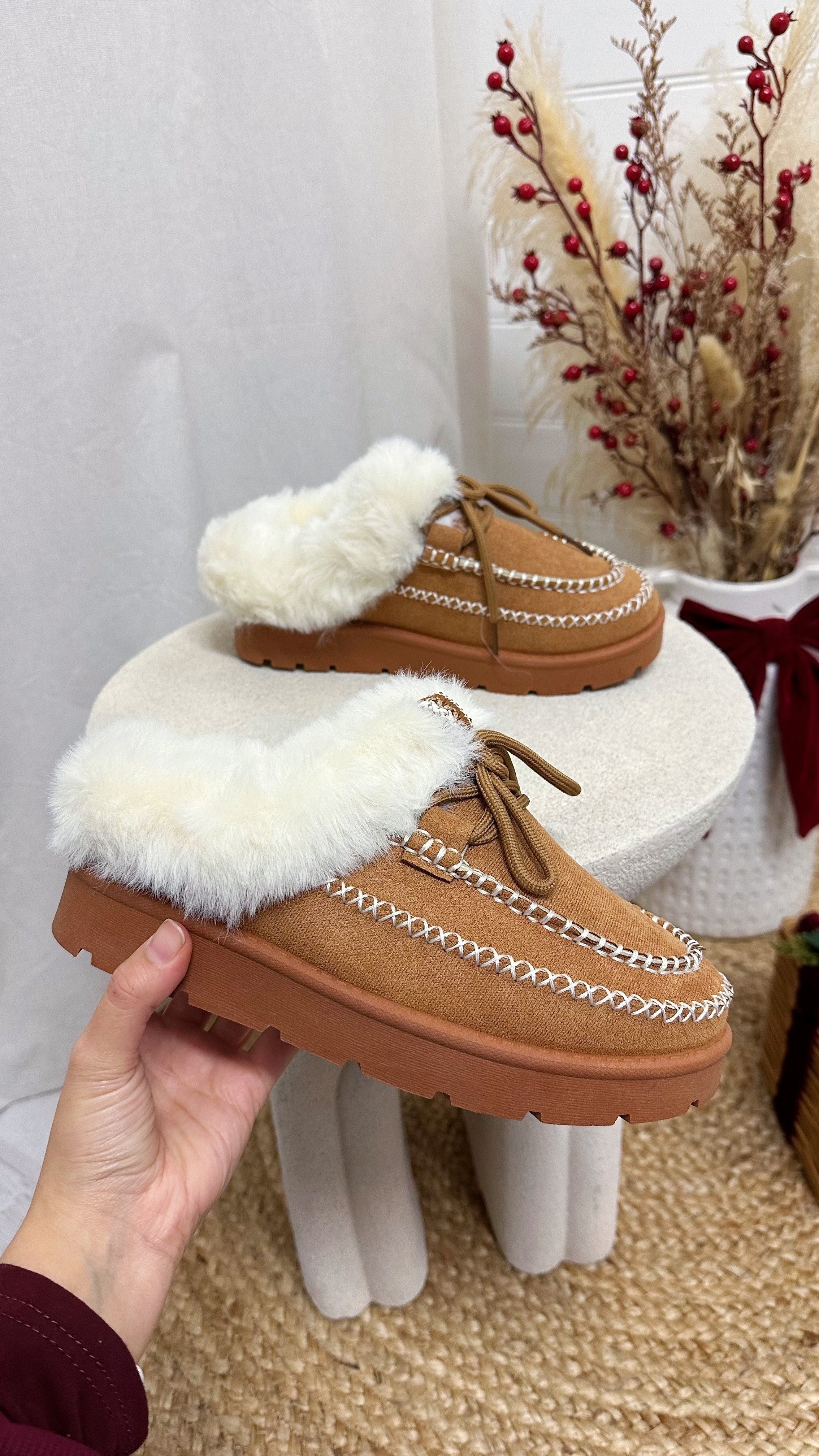 Fur Lined Embroidered Mules - CAMEL