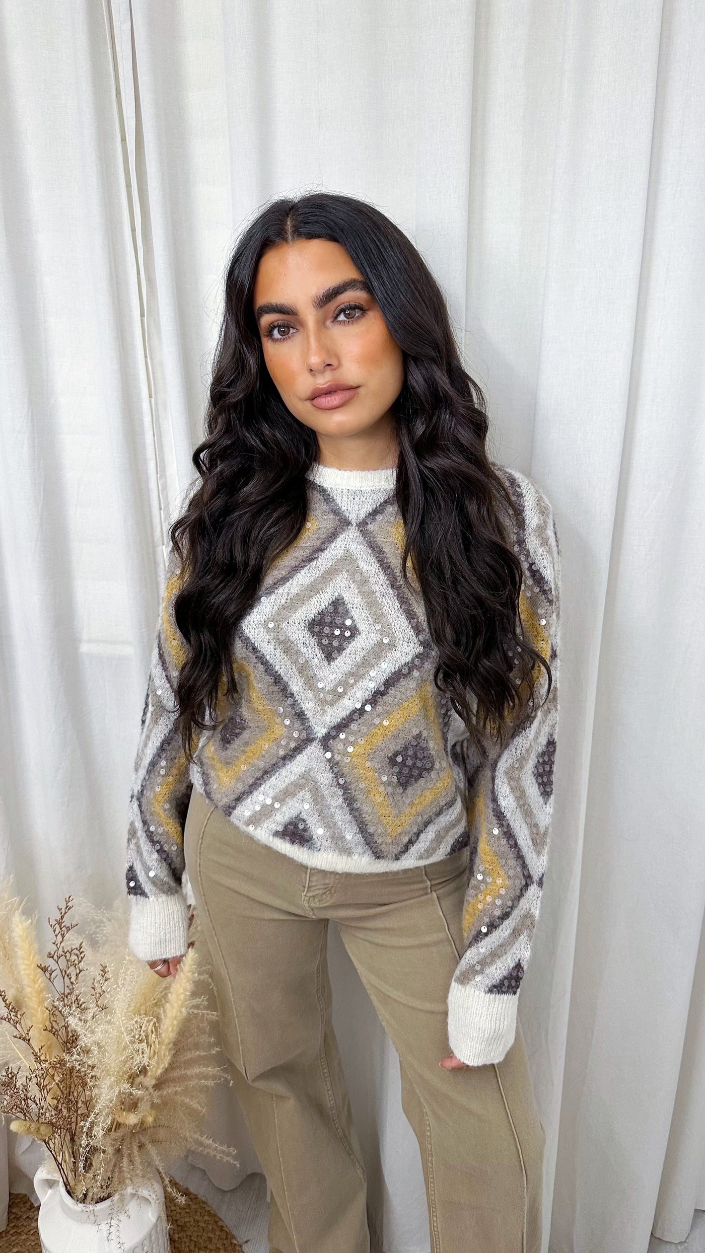 Sequin Diamond Print Woollen Jumper - BEIGE