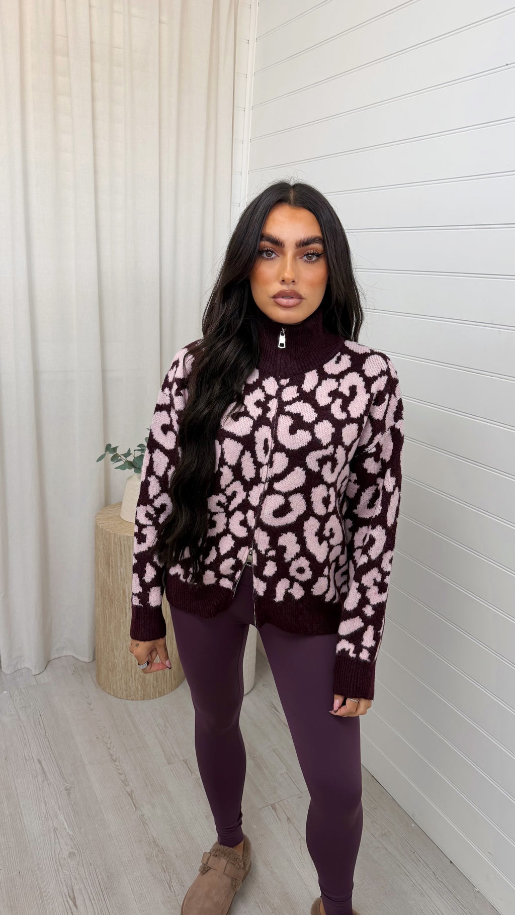 Leopard Print Knitted Jacket - BURGUNDY/PINK