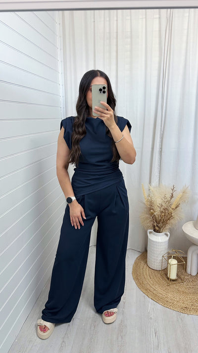 Asymmetrical Top and Wide Leg Trousers Co-Ord - NAVY