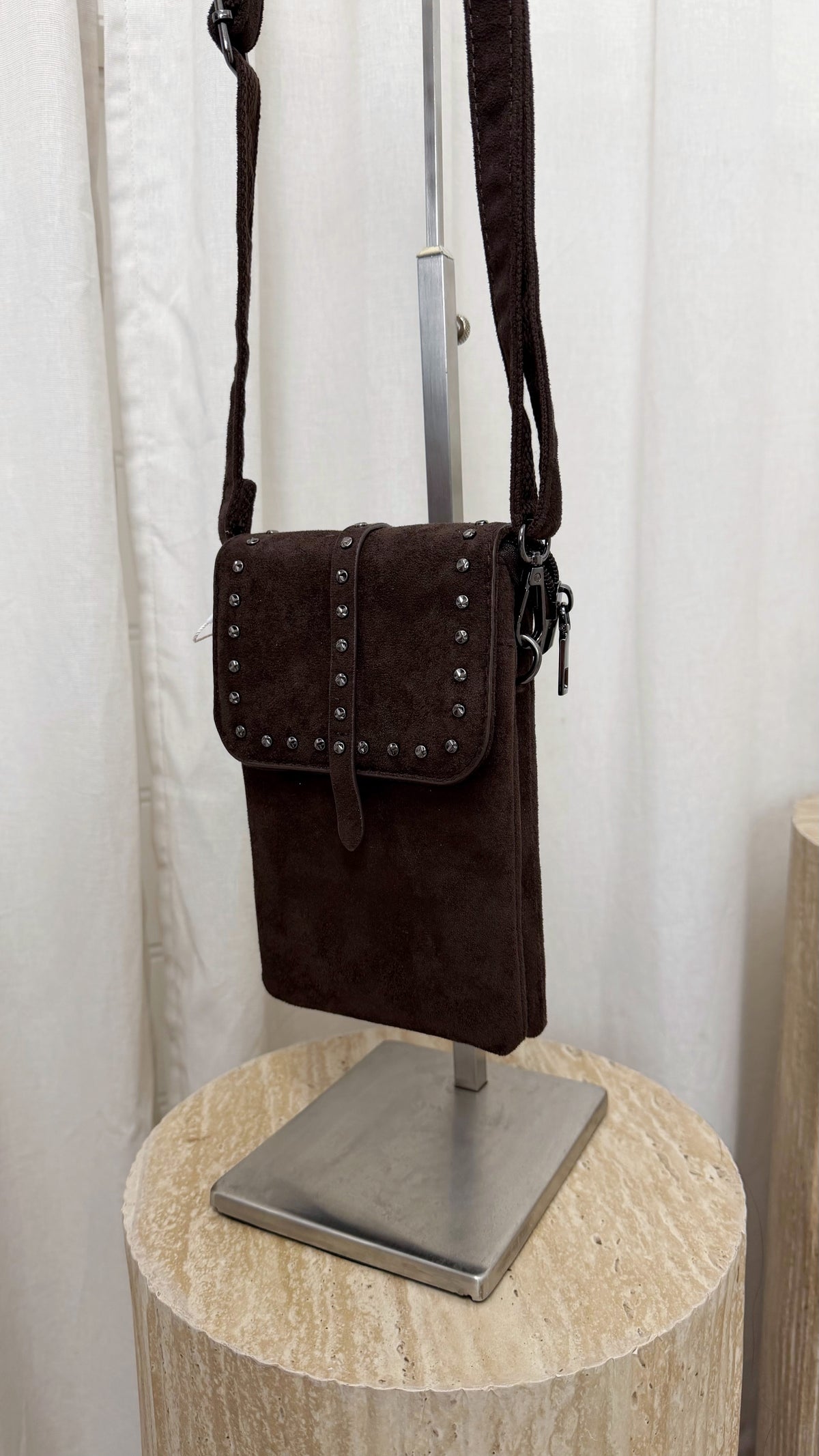 Suede Studded Mini Cross Body Bag - BROWN