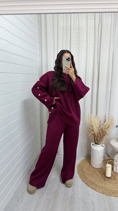 Long Sleeve Gold Button Detail Top and Trousers Co-Ord - WINE