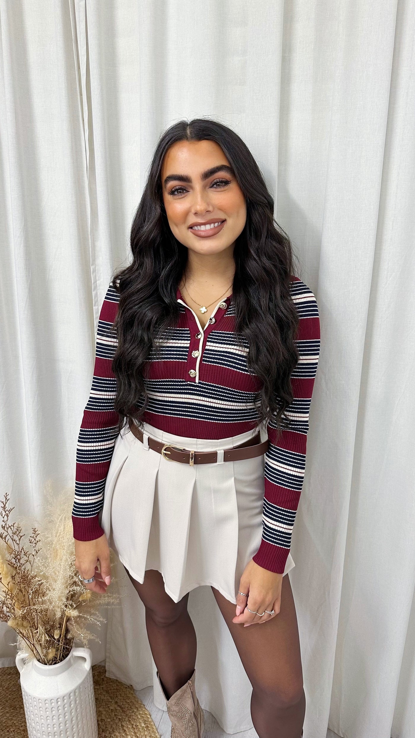 Constrast Stripe Knitted Bodysuit - WINE