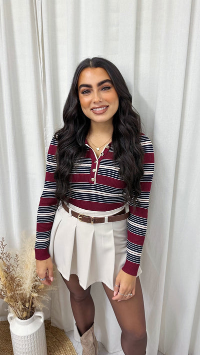 Constrast Stripe Knitted Bodysuit - WINE