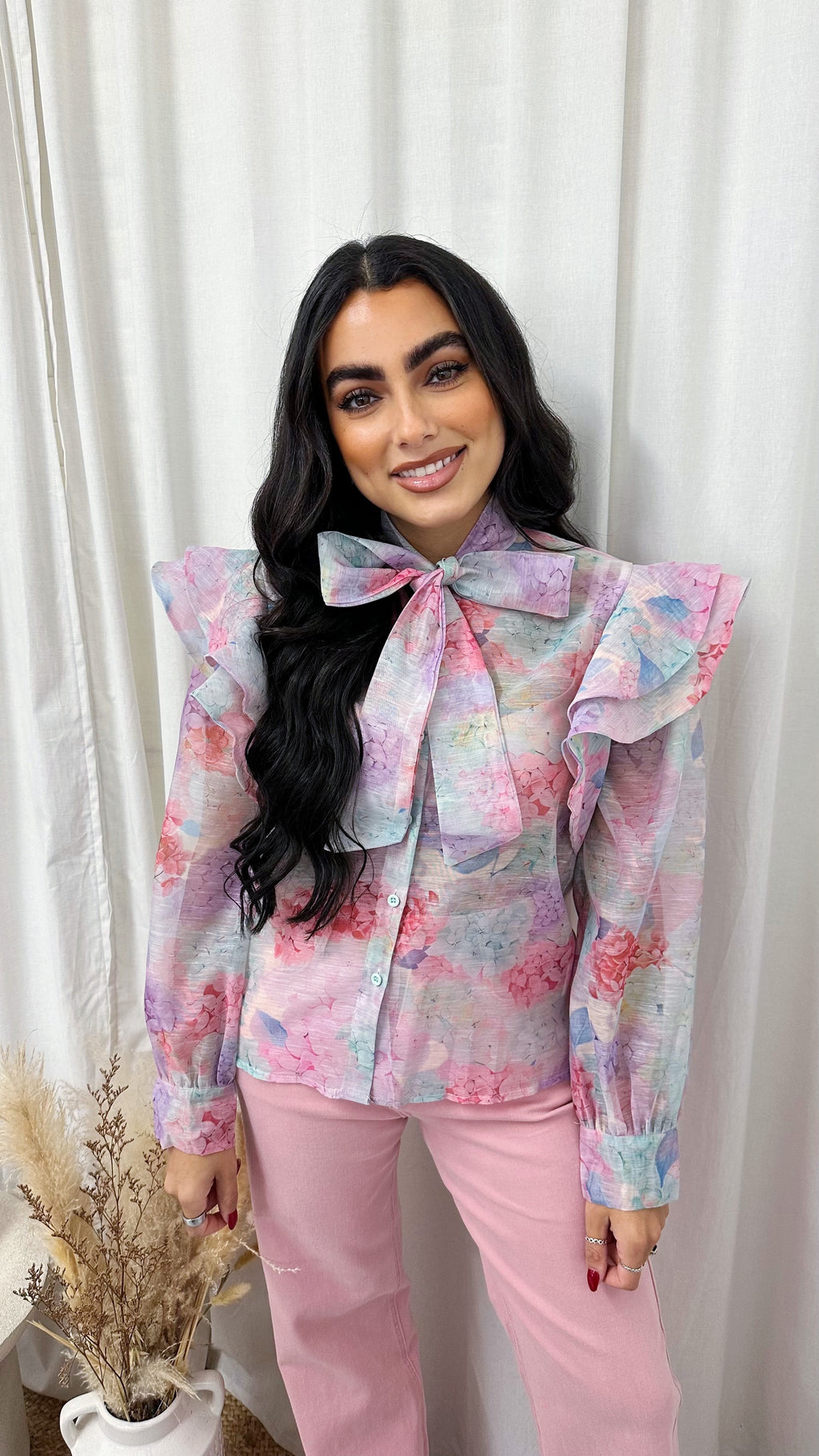 Frill Shoulder Sheer Floral Shirt - PINK/GREEN