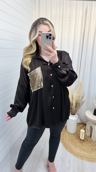 Satin Sequin Pocket Shirt -  DARK BROWN