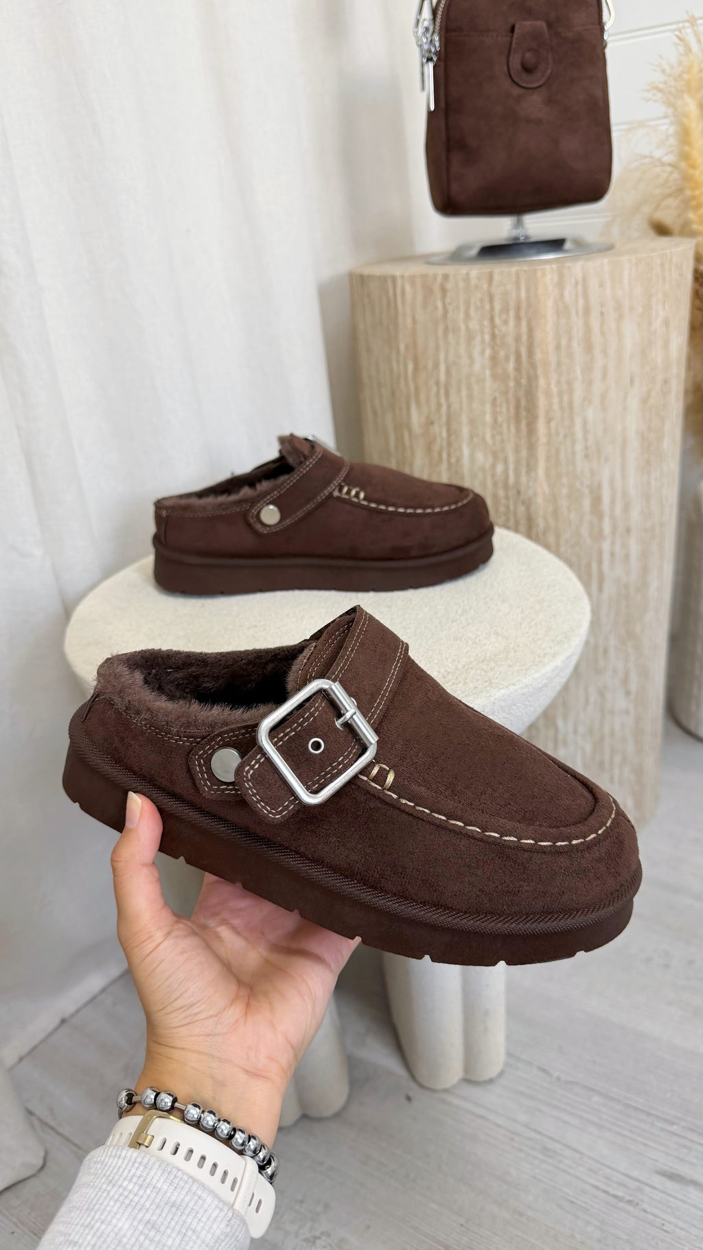 Buckle Strap Faux Fur Loafers - BROWN