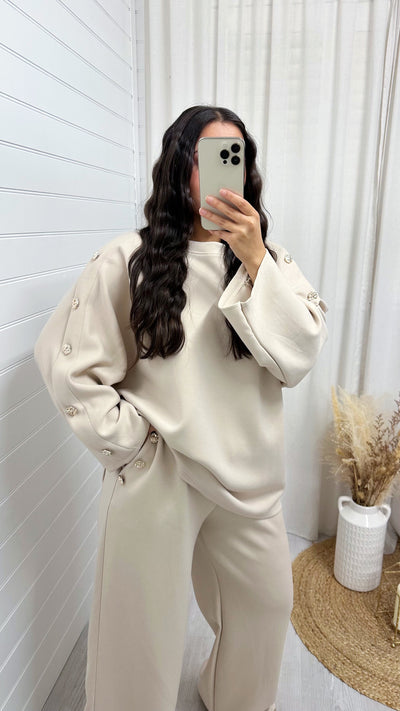 Long Sleeve Gold Button Detail Top and Trousers Co-Ord - BEIGE