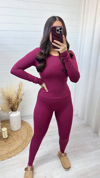 Long Sleeve Top and Leggings Activewear Set - WINE