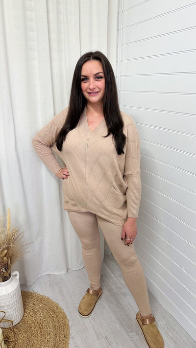 PLUS V Neck Knitted Jumper and Leggings Co-Ord - BEIGE