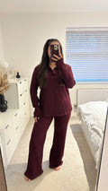 Textured Shimmer V Neck Top and Trousers Co-Ord - WINE