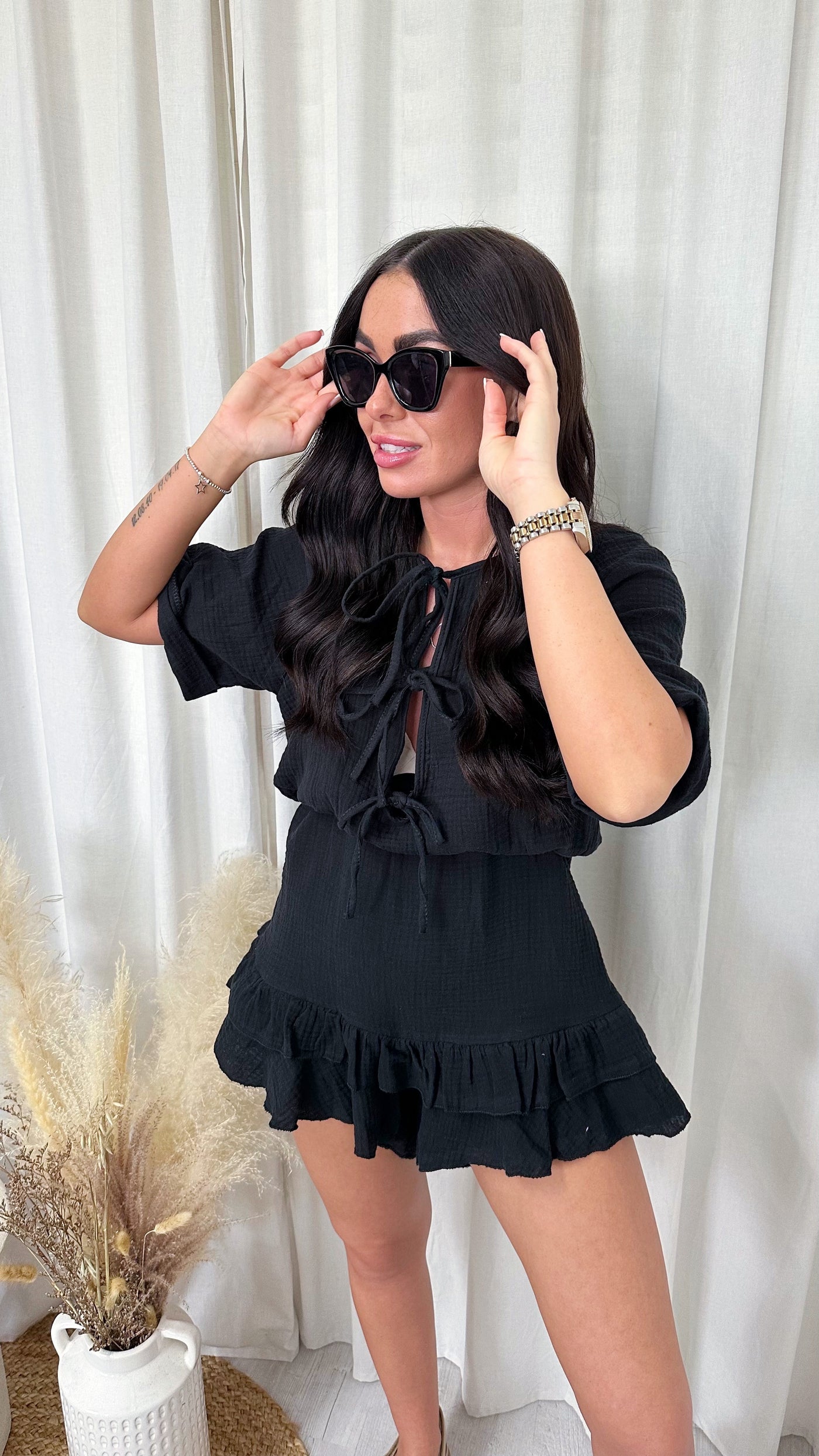 Cheesecloth Bow Tie Frill Hem Playsuit - BLACK